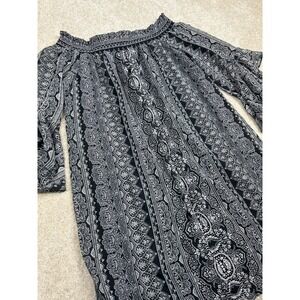City Triangles XL Black White Paisley Off Shoulder Ruffle Bell Sleeve Mini Dress